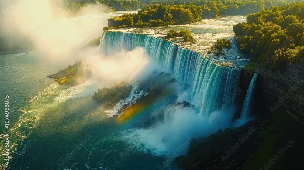 Poster spectacular view of niagara falls with lush surroundings and a rainbow in the mist during daylight