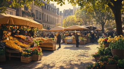 Obraz premium A bustling morning at a charming local French market filled with fresh produce and vibrant flowers