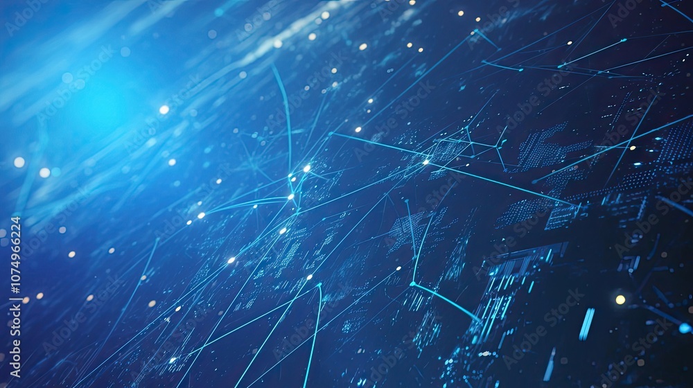 Poster abstract digital network with glowing lines and dots on a blue background