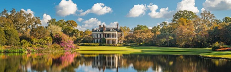 A stunning view of a historic plantation surrounded by lush gardens and a serene lake on a clear sunny day in the countryside