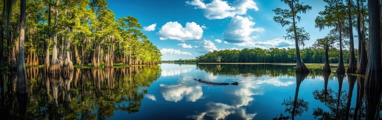 Obraz premium Explore the tranquil beauty of Okefenokee Swamp at sunrise with bright skies and serene waters reflecting cypress trees