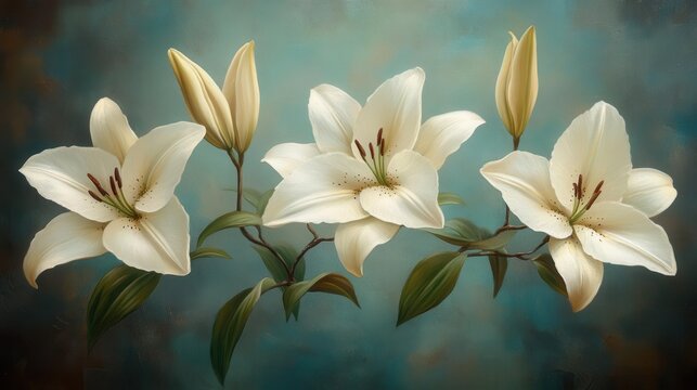 a delicate branch of white lilies gracefully arranged, evoking a sense of tranquility and remembrance. the soft colors and gentle composition create an ideal backdrop for a mourning or condolence card