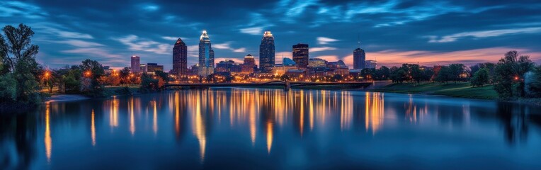Fototapeta premium A stunning evening skyline view of Indianapolis reflecting on the calm waters of the river at twilight