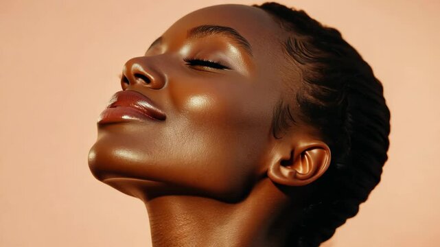 A woman with dark skin and eyes closed looks up and to the side, her head tilted back