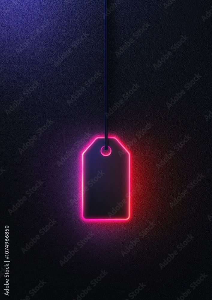 Poster a tag with a red and black design is hanging from a string