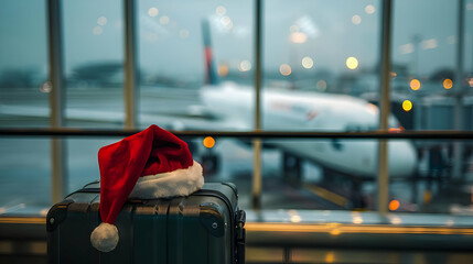 A Christmas hat on a suitcase handle, with an airport departure gate background
