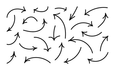 Hand drawn simple arrows with editable stroke. Doodle directions on white background. Different shaped lines. Outline flat design