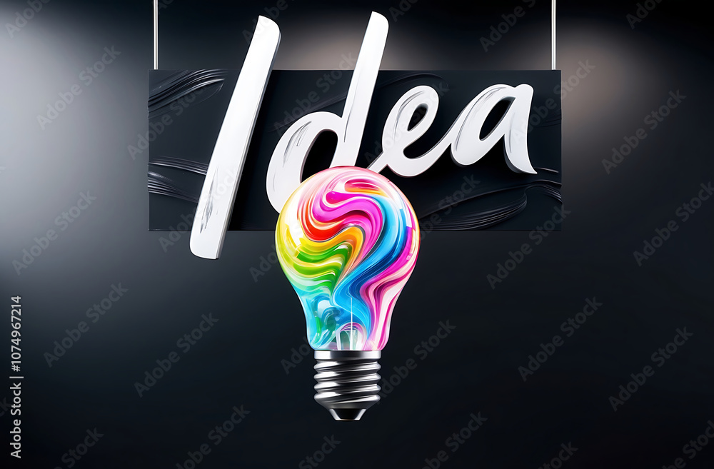 Poster creative and business idea concept with handwritten idea sign above digital colorful light bulb on d