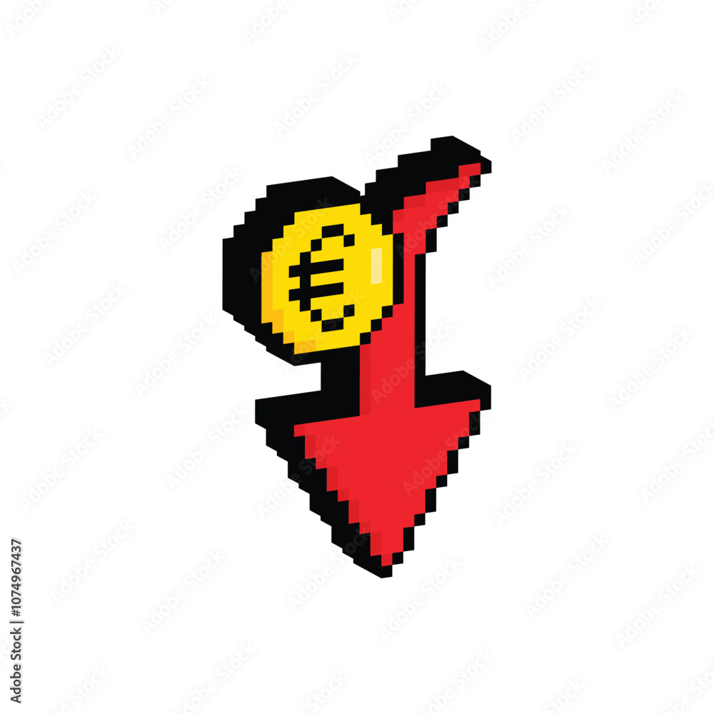 Aufkleber isometric pixel euro rate down and up icon pixel art icon element for 8 bit game
