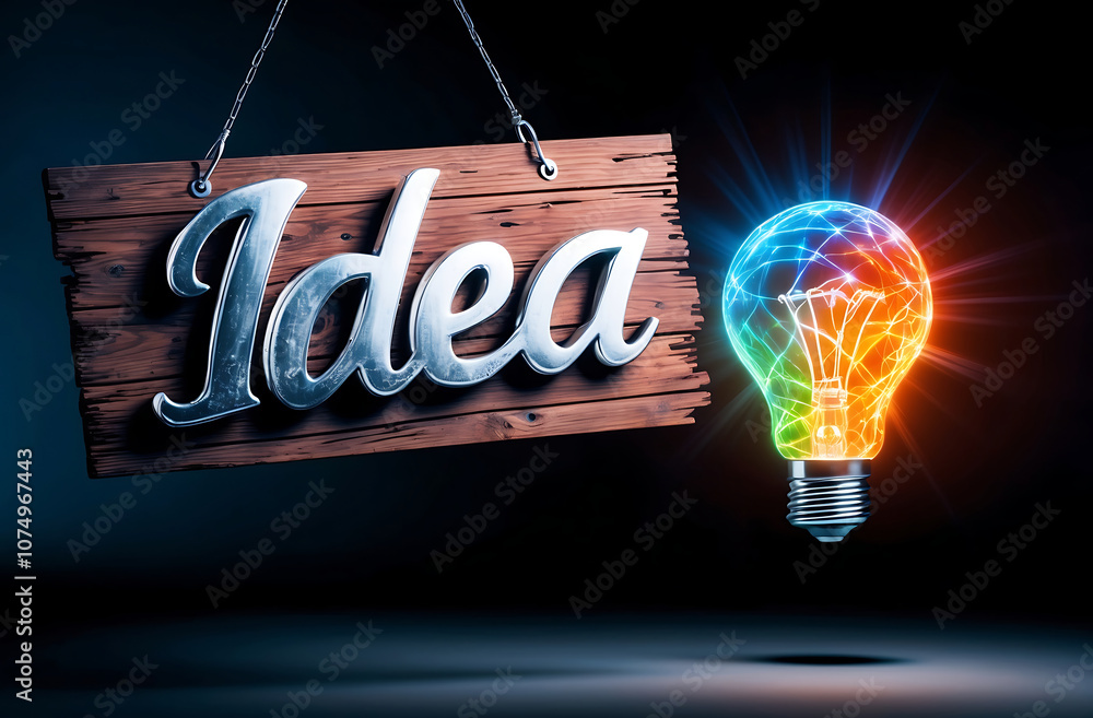 Poster creative and business idea concept with handwritten idea sign above digital colorful light bulb on d