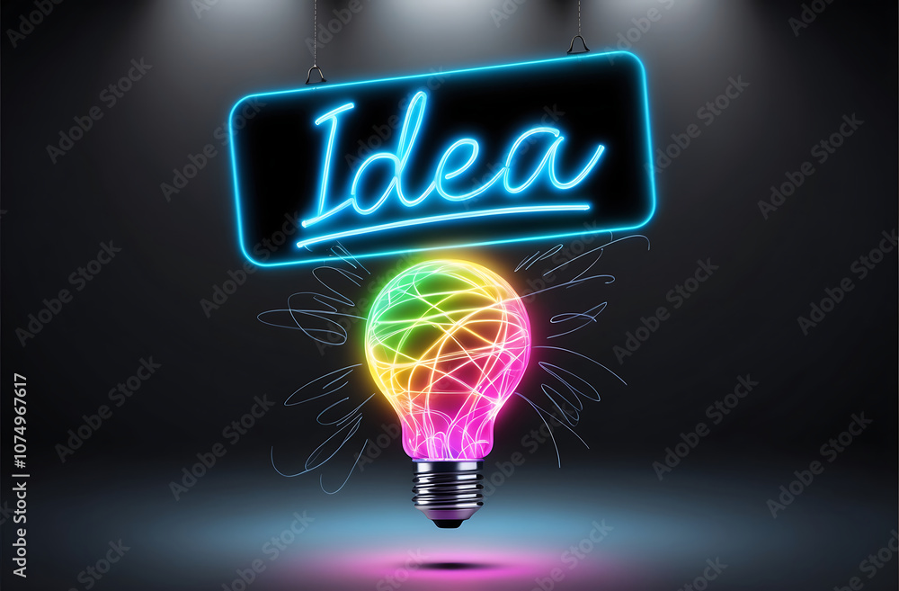 Poster creative and business idea concept with handwritten idea sign above digital colorful light bulb on d