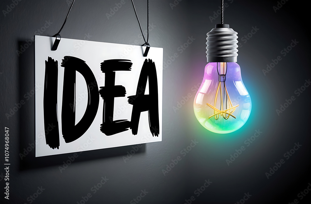Poster creative and business idea concept with handwritten idea sign above digital colorful light bulb on d