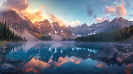 A panoramic view of a serene lake surrounded by majestic mountains at sunset reflecting vibrant colors in clear water