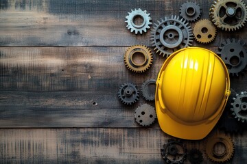 Yellow Hard Hat with Cogs on a Wooden Surface