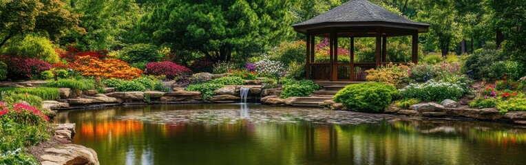 Fototapeta premium A serene view of the Powell Park gardens showcasing vibrant flowers and a tranquil pond framed by lush greenery in early spring