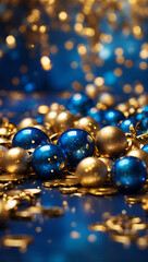 Vertical background, transparent glass balls, gold and blue, celebration