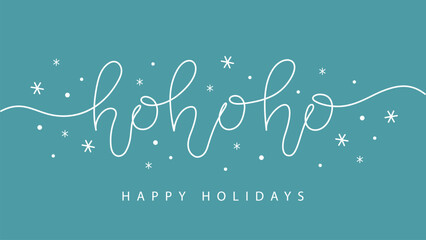 hohoho lettering in line art style, christmas banner with hand drawn letters and snowflakes on blue background, isolated vector illustration, one continuous line,design for cards,poster,wallpaper