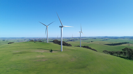 Fototapeta premium Wind turbines in a green hilly landscape representing sustainable energy and environmental harmony. Symbol of renewable energy in a serene natural setting.