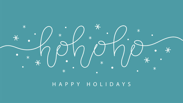 hohoho lettering in line art style, christmas banner with hand drawn letters and snowflakes on blue background, isolated vector illustration, one continuous line,design for cards,poster,wallpaper