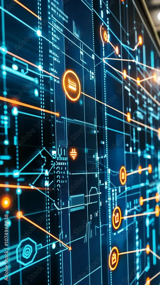 Poster a close-up view of a screen displaying digital data, featuring blue and orange lines, shapes, and sy