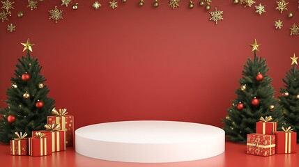 Warm Christmas Display Featuring Decorated Trees and Gifts with Gold Accents on Red : Generative AI