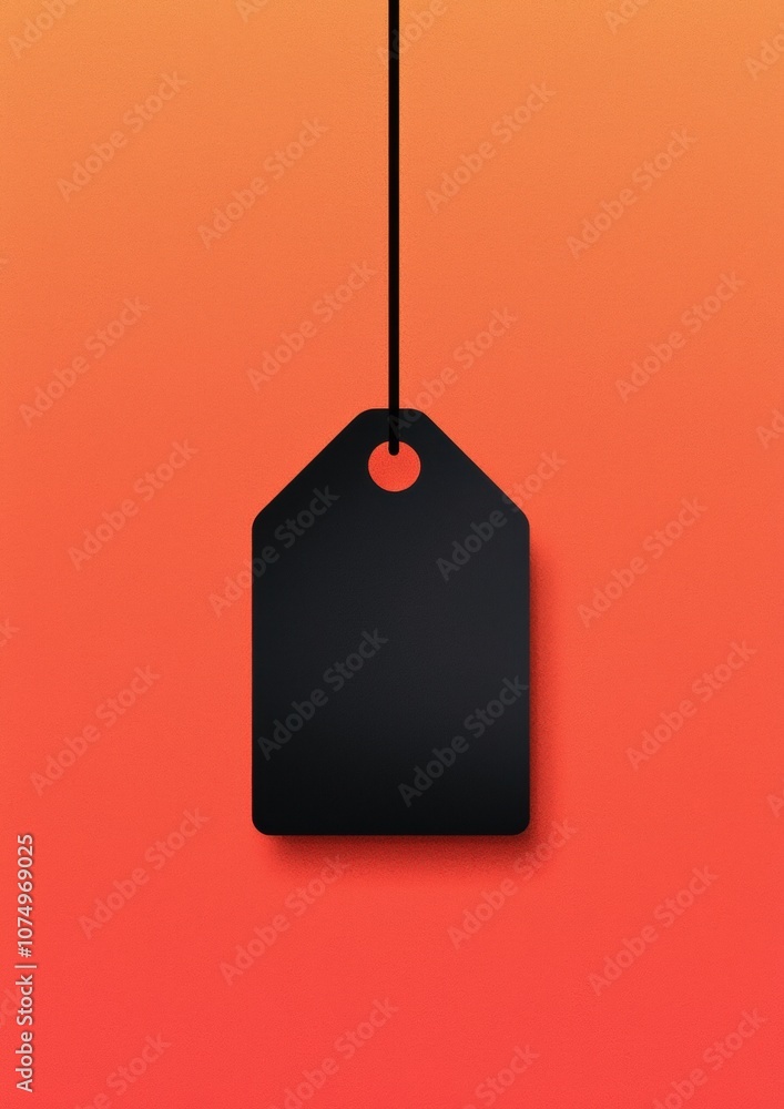 Poster a black tag hangs from a string on a red background