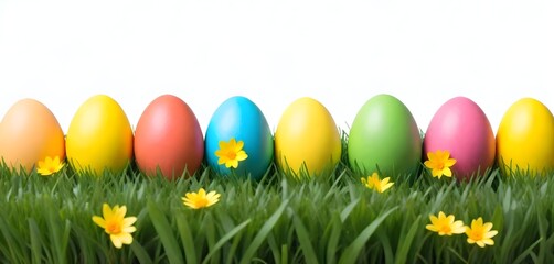 Fototapeta premium Colorful Easter eggs in green grass with flowers