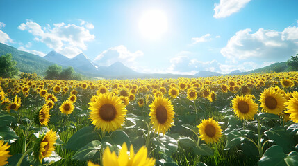 Obraz premium A vibrant field of sunflowers basking in sunlight, surrounded by mountains and a clear blue sky.