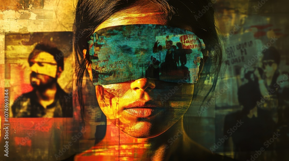 Poster a woman wearing a blindfold gazes thoughtfully, illuminated by vibrant colors and abstract visuals i
