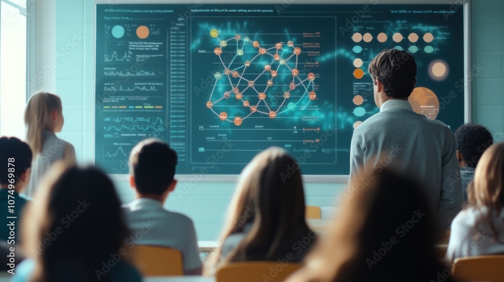 Poster students engage with a digital educational poster illustrating complex data analysis in a modern cla