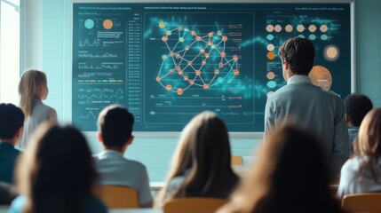Students engage with a digital educational poster illustrating complex data analysis in a modern classroom setting