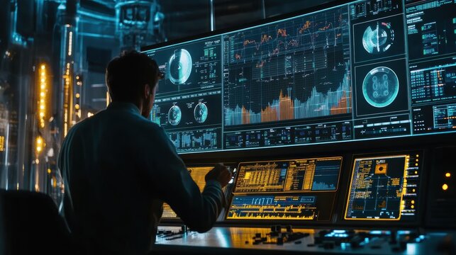 Detailed overview of a control room inside a nuclear power plant during operations
