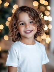 Happy child with curly hair and bright eyes smiling brilliantly against festive backdrop of Christmas lights : Generative AI