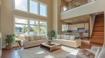 Modern living room with high ceilings, large windows, and a view of a suburban neighborhood.