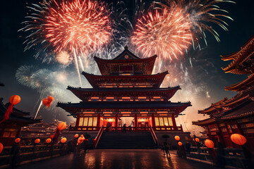 Fototapeta premium Generative AI picture concept of chinese asian new year, traditional decorations customs food carnival
