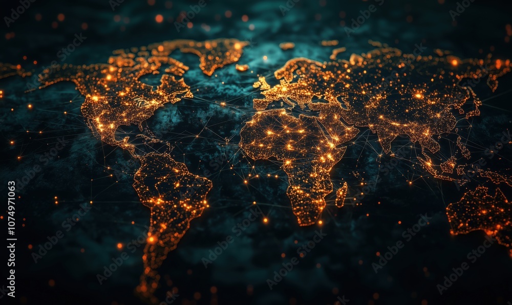 Poster illuminated world map with glowing connections and networks