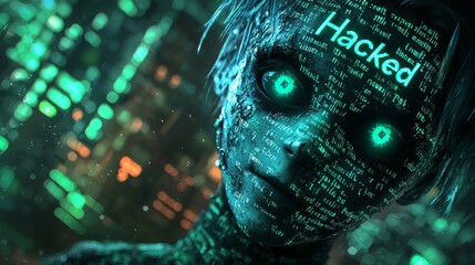 A cyber-themed digital avatar with glowing green eyes and the word "Hacked" displayed, surrounded by data codes. Great for cybersecurity, virtual identity, or hacking concepts.