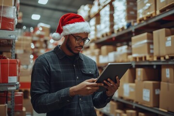 A man in a Santa hat works in a warehouse, using a tablet to check inventory among holiday packages. This image is ideal for logistics, holiday shipping, and ecommerce themes.