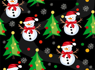 Hand drawn vector seamless christmas pattern with cartoon funny snowman in hat of santa claus, snowflake, christmas tree. 2025 New Year fashion ornament for fabric, paper, textiles, notepad, packaging