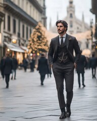 Obraz premium Stylish Italian man in a tailored suit walks confidently through a bustling street adorned with holiday lights
