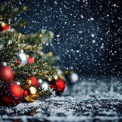 Snowflakes Falling on Fir Branches with Ornaments in a Winter Scene