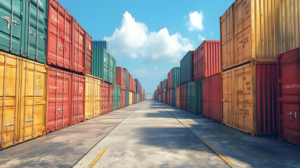 Fototapeta premium A vibrant view of a shipping container yard, showcasing colorful containers under a blue sky with fluffy clouds.