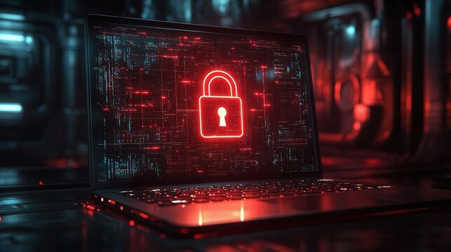 a laptop screen displaying a prominent lock symbol, symbolizing cybersecurity and data protection in a sleek, modern digital design, emphasizing the importance of online safety