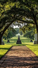 A tranquil walk through the historic Vicksburg National Cemetery with lush trees lining the path