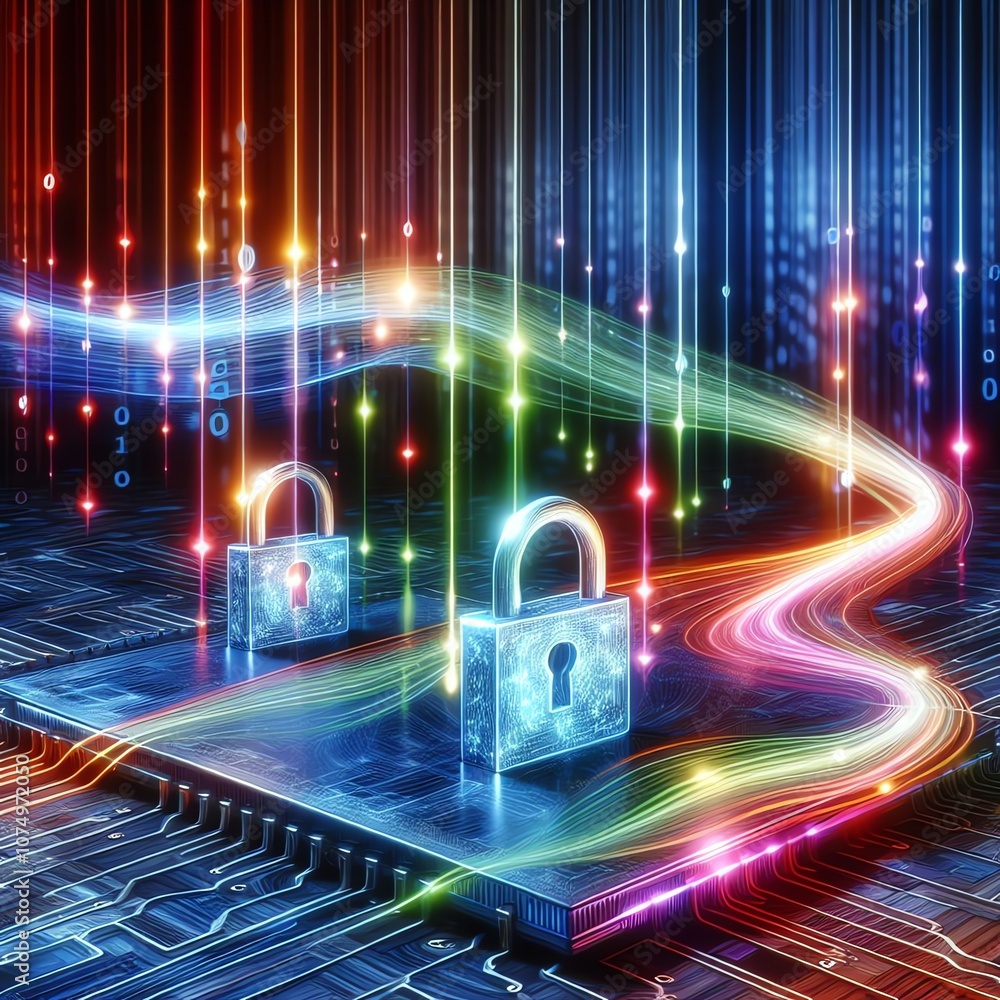 Poster cybersecurity abstract background with padlocks and cpu