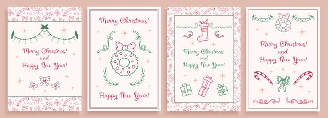 Set of Christmas cards and posters, greeting holiday cards with greetings and celebration symbols. Vector illustration, annual invitations, decorative art.