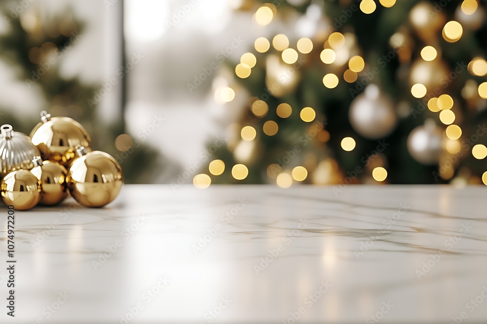 Poster marble tabletop with artistic golden christmas ornaments and soft illuminations for festive vibes : 