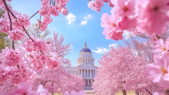 The Arkansas State Capitol surrounded by blooming cherry blossoms under a clear blue sky in early spring
