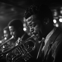 Obraz premium Black and white photo of jazz musicians playing trumpets