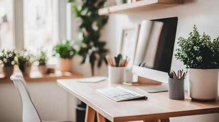 Minimalist Home Office Desk with Plants and Computer